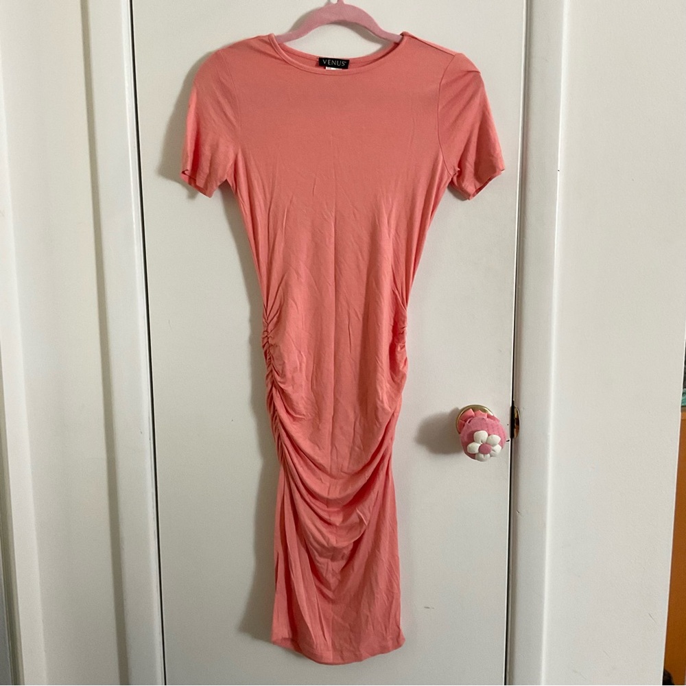 Venus Stretchy Bodycon Midi Shirt Dress with Ruched Sides